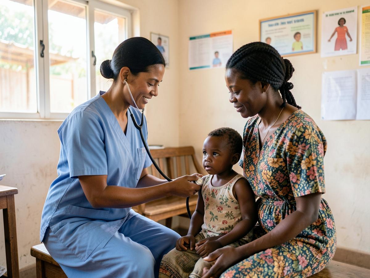 A nurse giving a child a routine health check at a village clinic