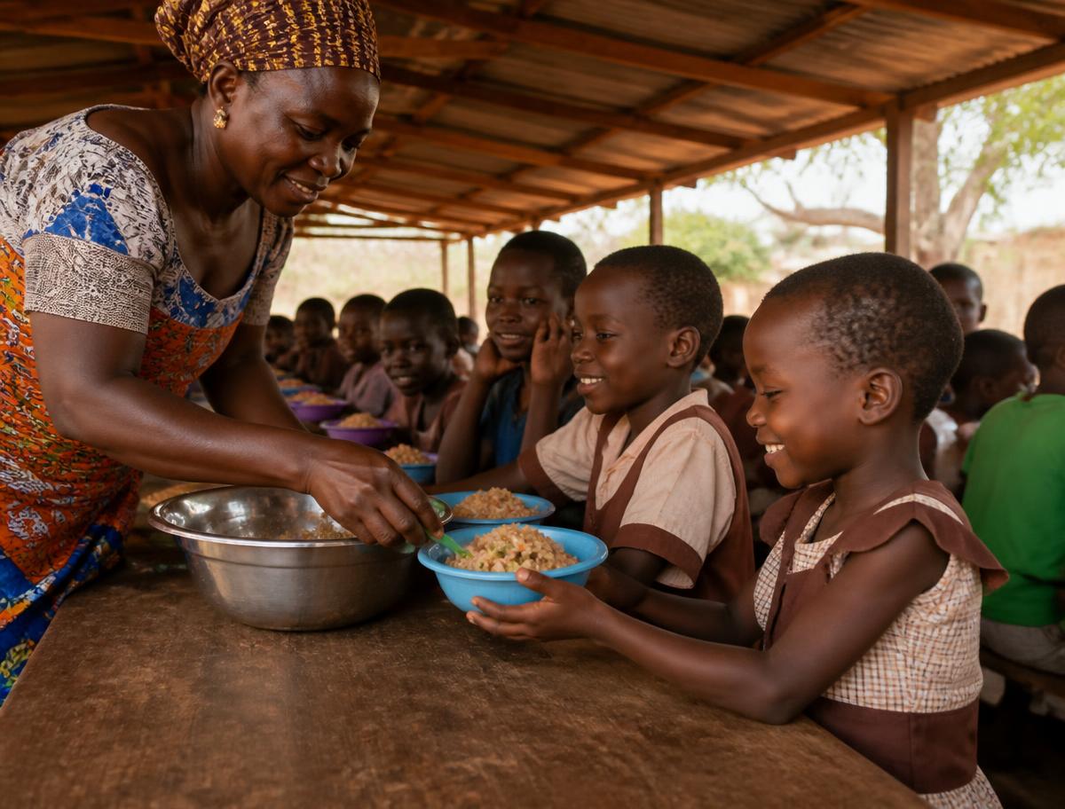 A shared meal being served in a village community