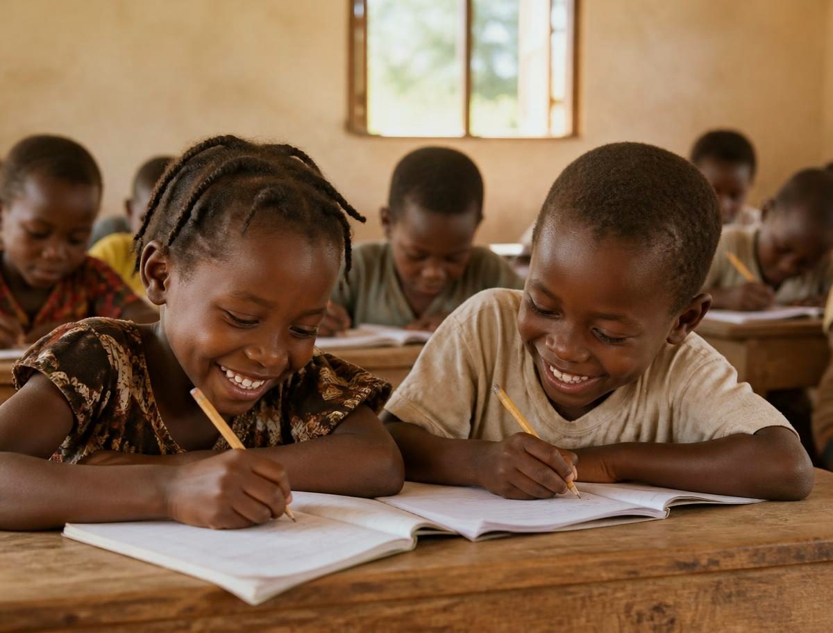 Two smiling children write in their exercise books at a wooden desk in a village classroom