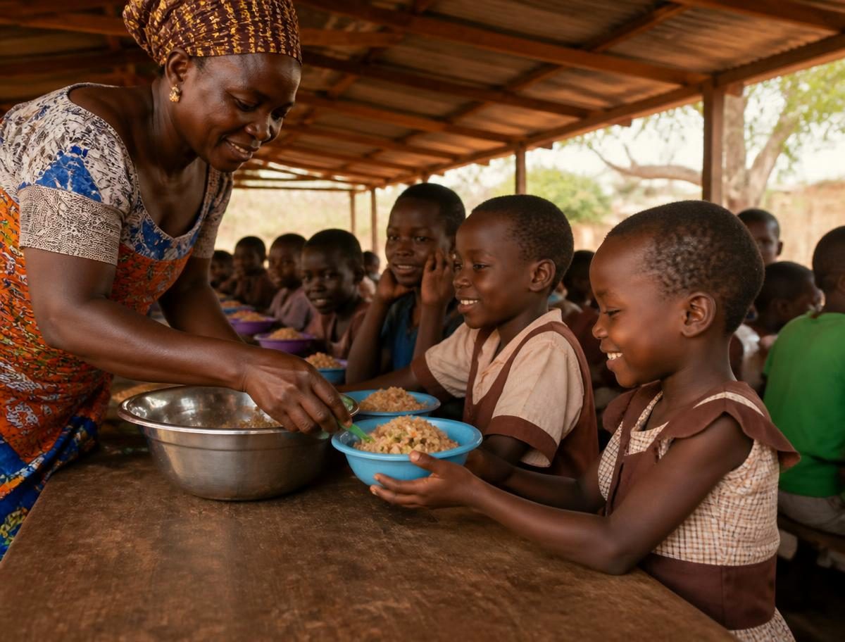 A woman serves bowls of food to smiling children seated along a long table under a shelter