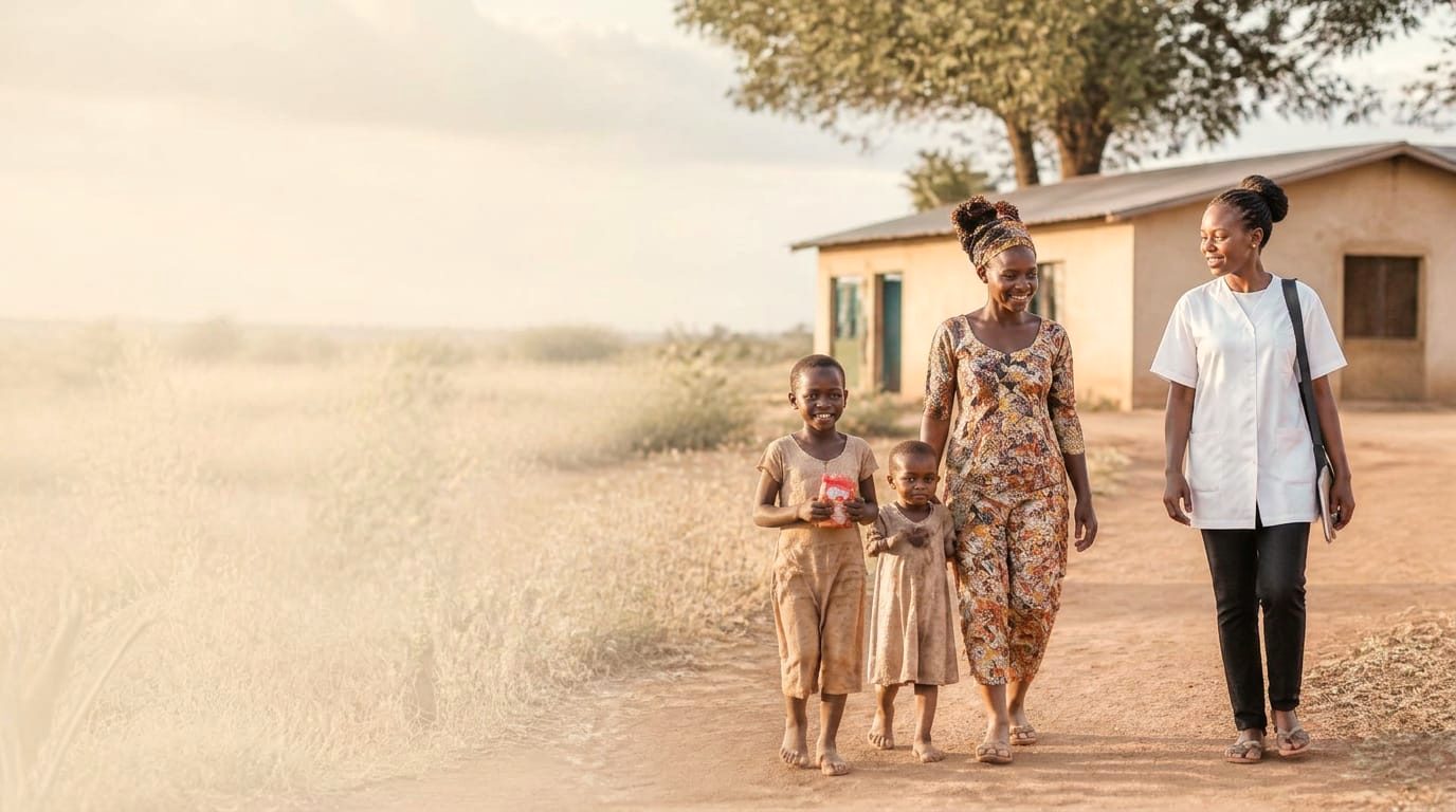 A health worker walks with a mother and three young children along a dusty village path towards a small clinic